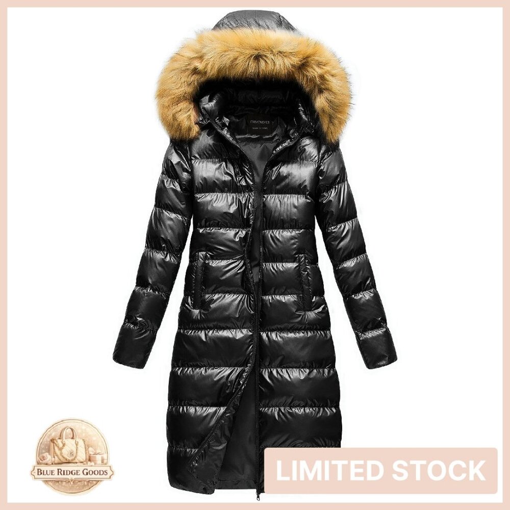 Women's Black Puffer Coat with Fur Hood